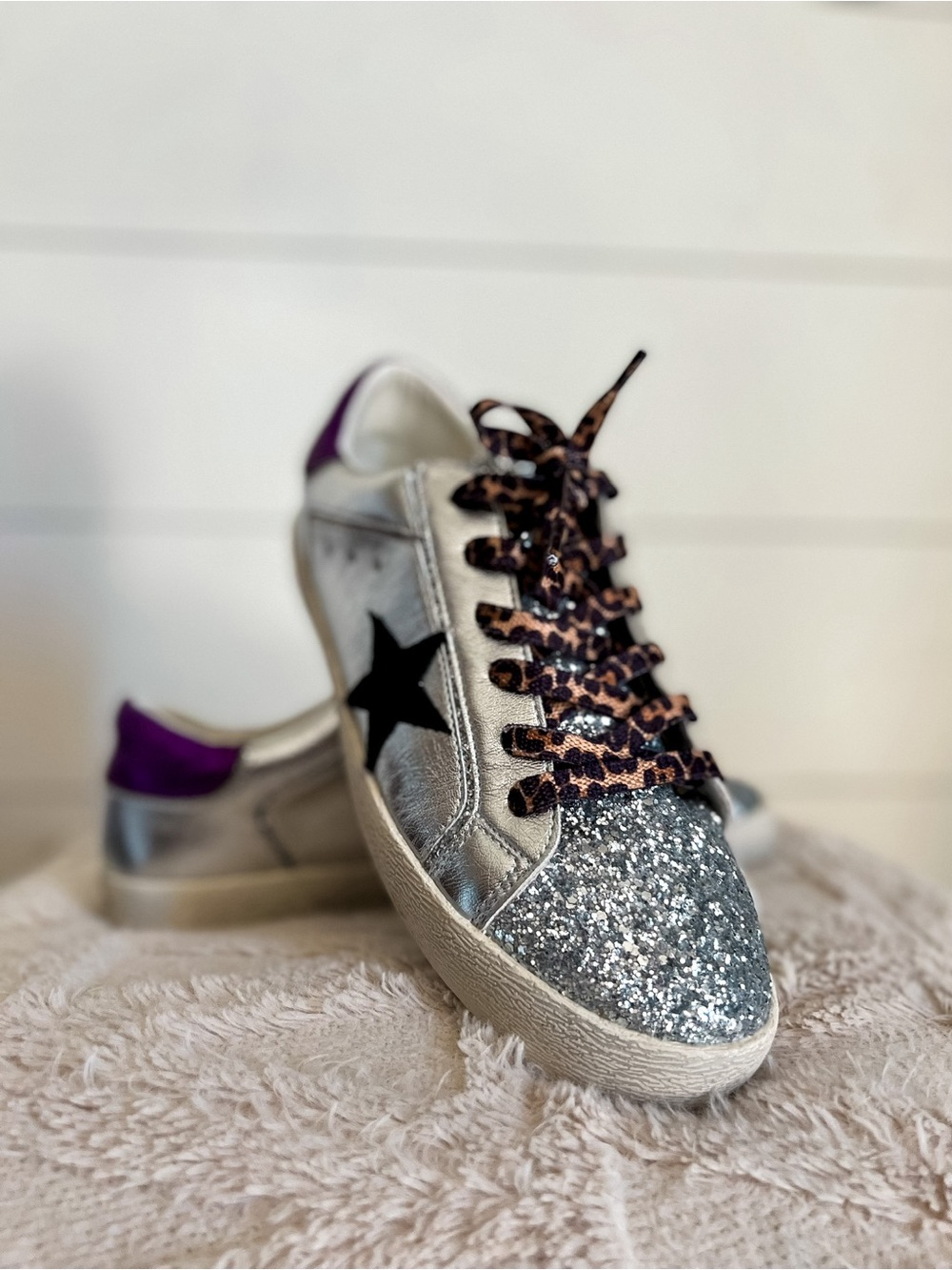 Silver Glitter Star Sneakers with Purple Accent